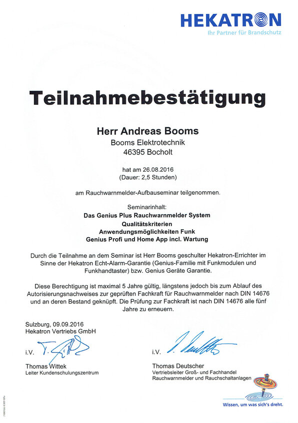Andreas Booms, Rauchwarnmelder-Aufbauseminar